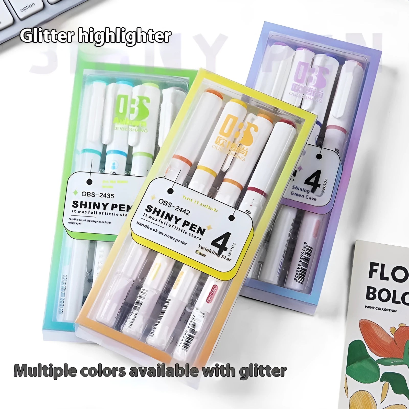 Sparkling Star River set of four glitter highlighter pens with six colour options in a box.