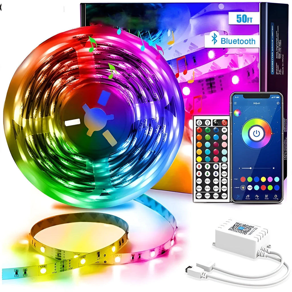 LED 5050 RGB light strip with 44-key Bluetooth remote controller and power adapter on a white background.