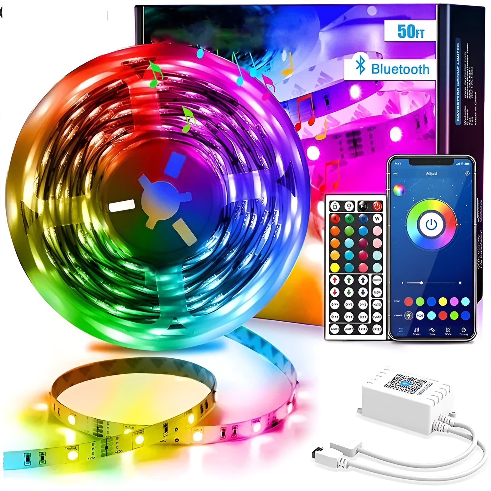 LED 5050 RGB light strip with 44-key Bluetooth remote controller and power adapter on a white background.