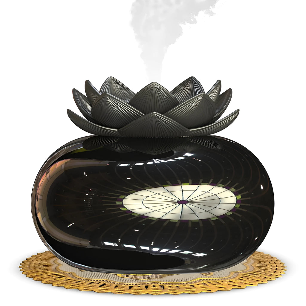 Black lotus-shaped ultrasonic humidifier with USB cable connection