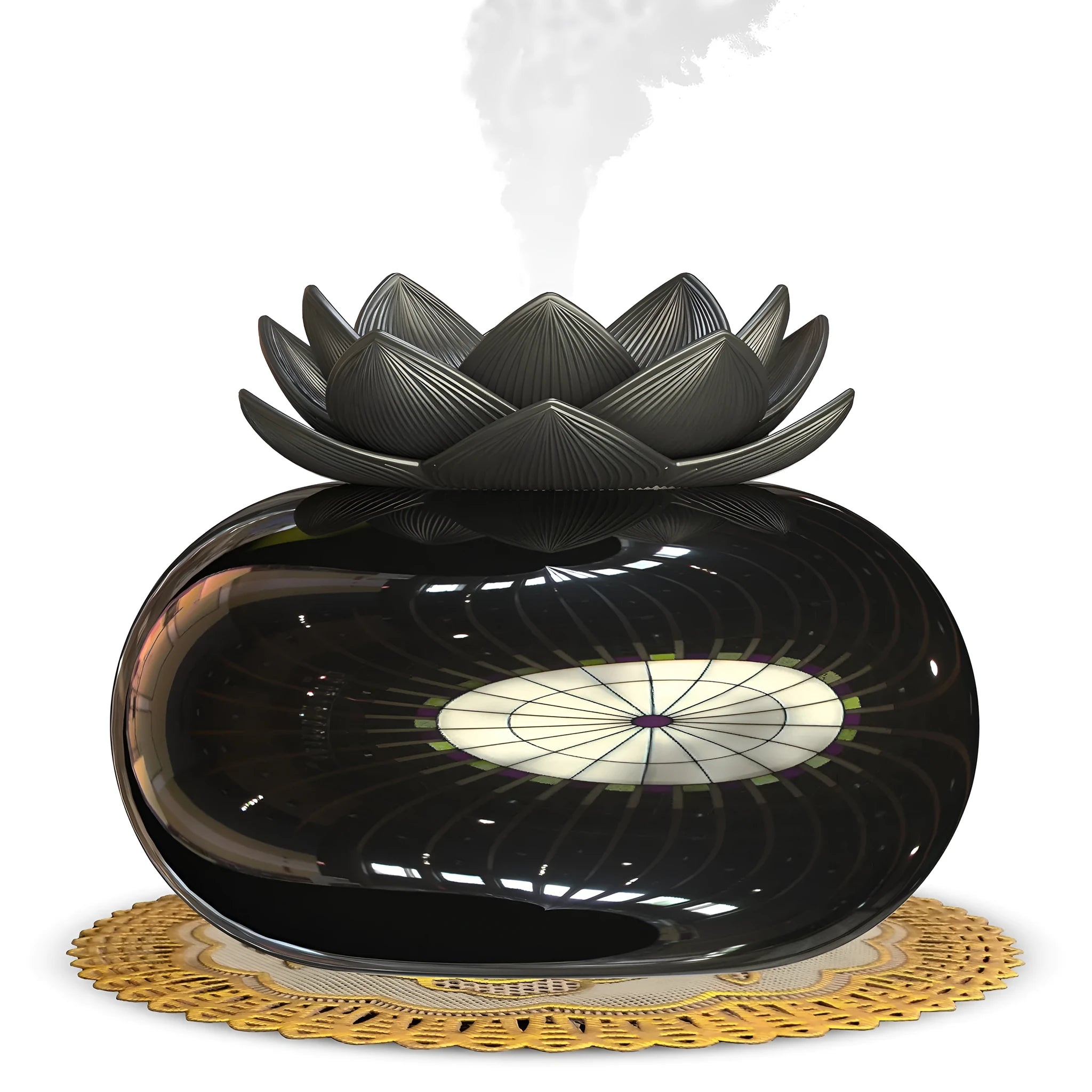 Black lotus-shaped ultrasonic humidifier with USB cable connection