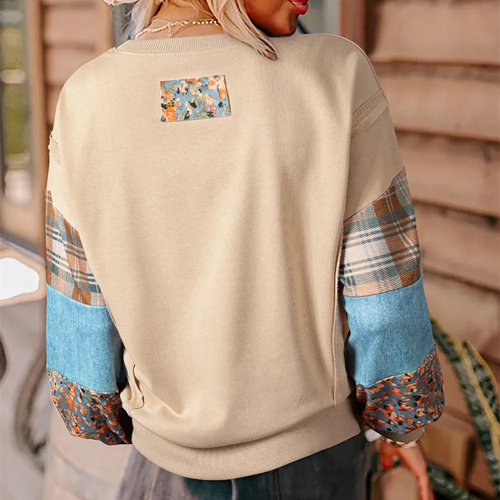Women's plaid long-sleeved polyester pullover top in loose Japanese Korean style