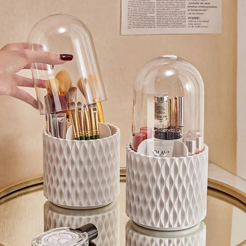 White rotating transparent acrylic makeup brush storage organiser with dustproof lid