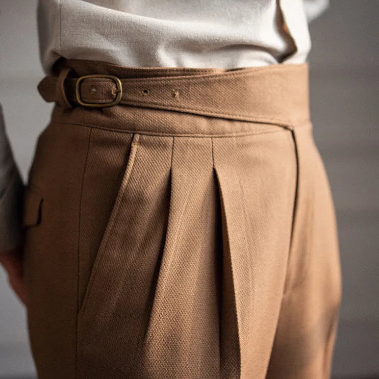 Men's high waist straight leg casual trousers in polyester fabric shown in black, brown, khaki, or white.