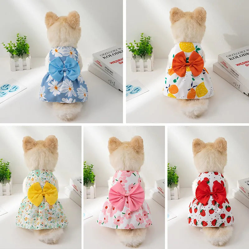 Orange bow floral butterfly pattern polyester dress on a small dog