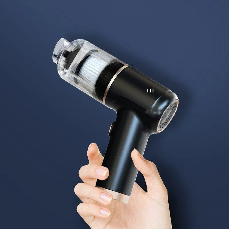 Black wireless handheld car vacuum cleaner with multiple brush and nozzle attachments
