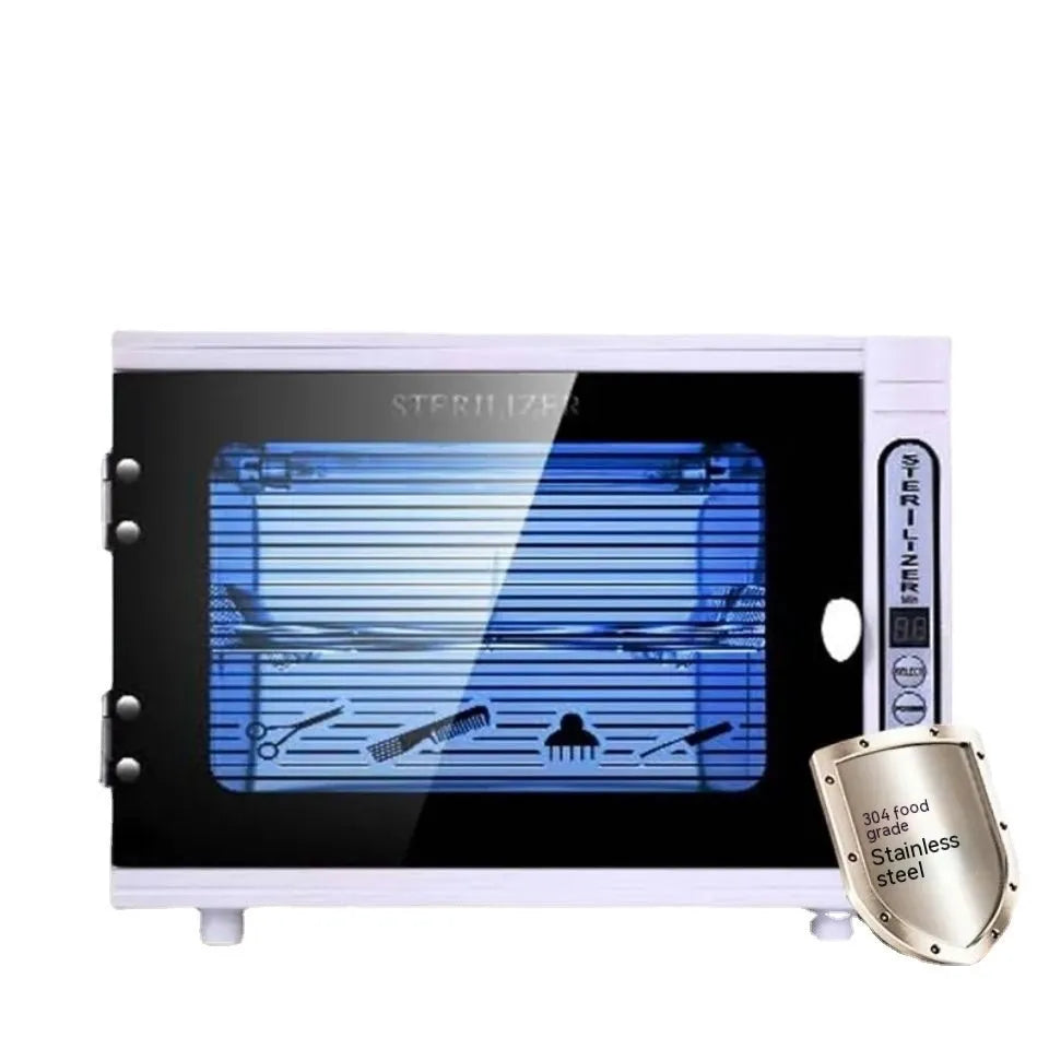Silver UV steriliser for beauty salons with stainless steel liner and compact dimensions