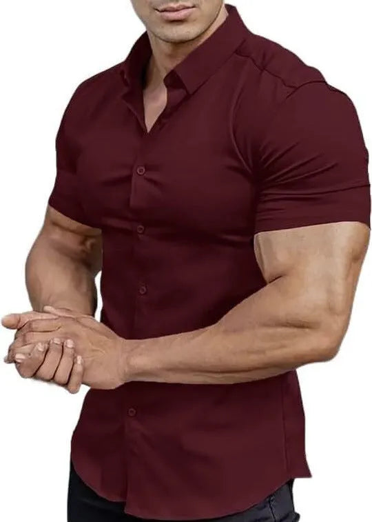 Men's short sleeve printed casual shirt with collar in cardigan style showing colour options