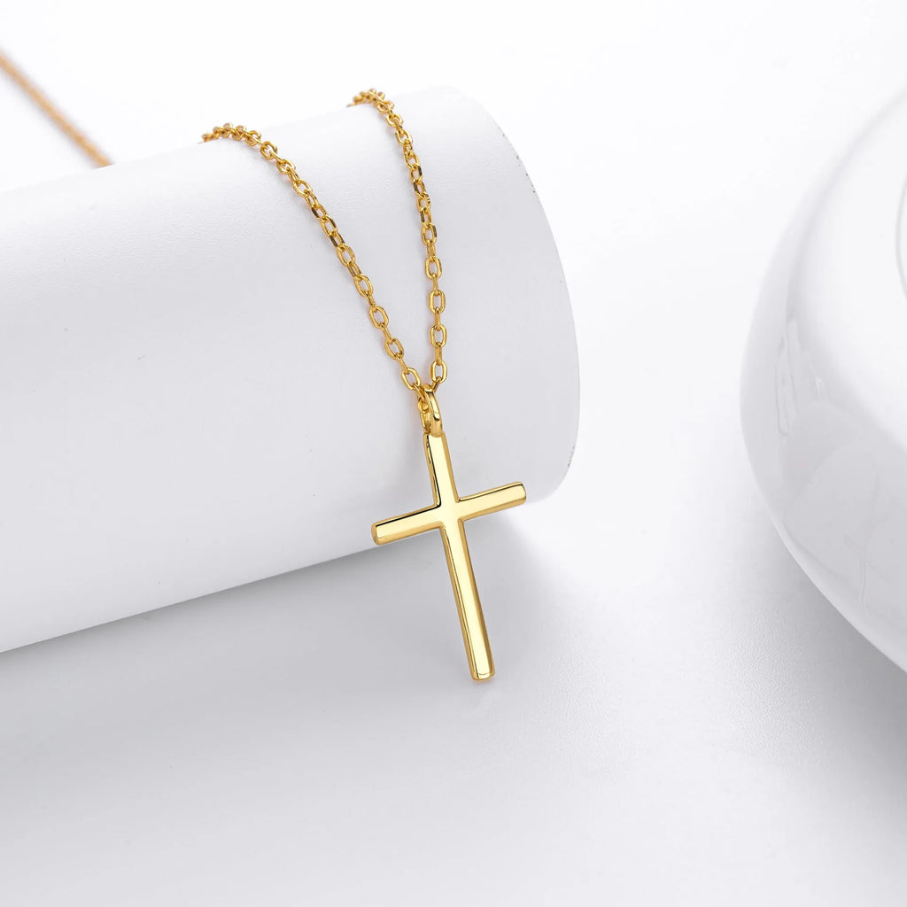 S925 sterling silver necklace with glossy cross pendant on O-shaped chain in gold, platinum or rose gold plating