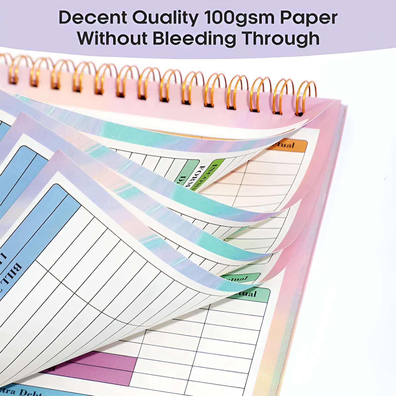 B5 size budget tally notebook with blue PP plastic cover and spiral binding, open on a table.