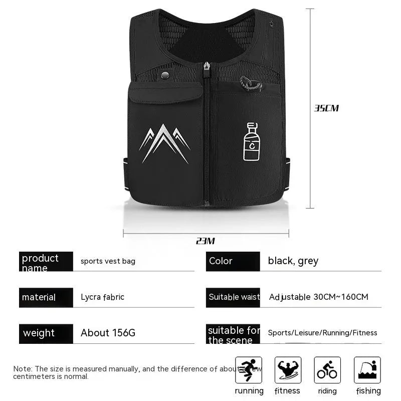 Black breathable mesh sports running vest with a front mobile phone pocket.