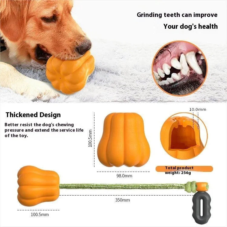 Large orange pumpkin-shaped plastic dog chew toy with an attached rope for throwing