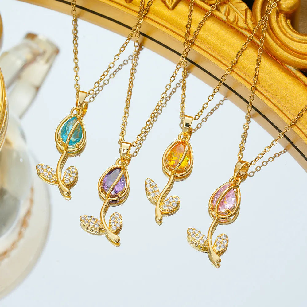 Zircon tulip necklace with titanium steel chain and copper-plated gold flower pendant in C383 gold colours