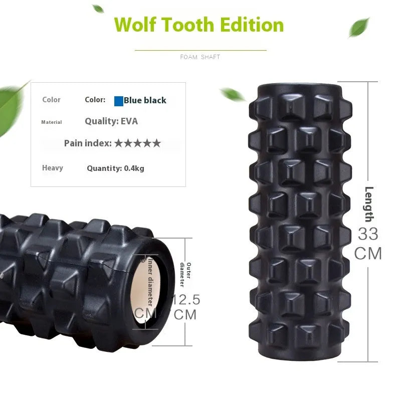 Black fitness foam roller massage stick measuring 33cm in length.