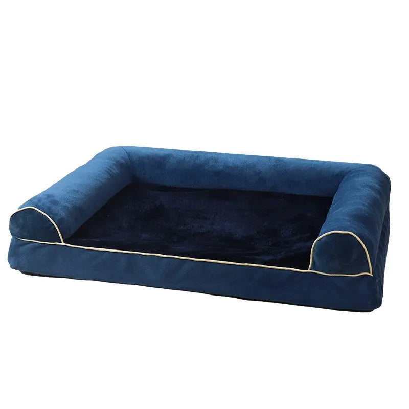 Square sponge dog bed with cloth cover in blue colour, showing breathable cooling design