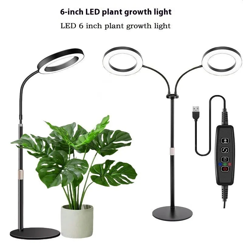 White retractable floor plant grow light with circular LED head extended on a pole.