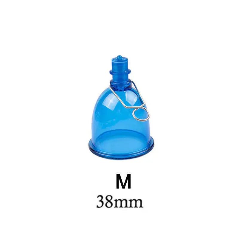 Blue silicone male masturbator cup in small, medium, and large size options.