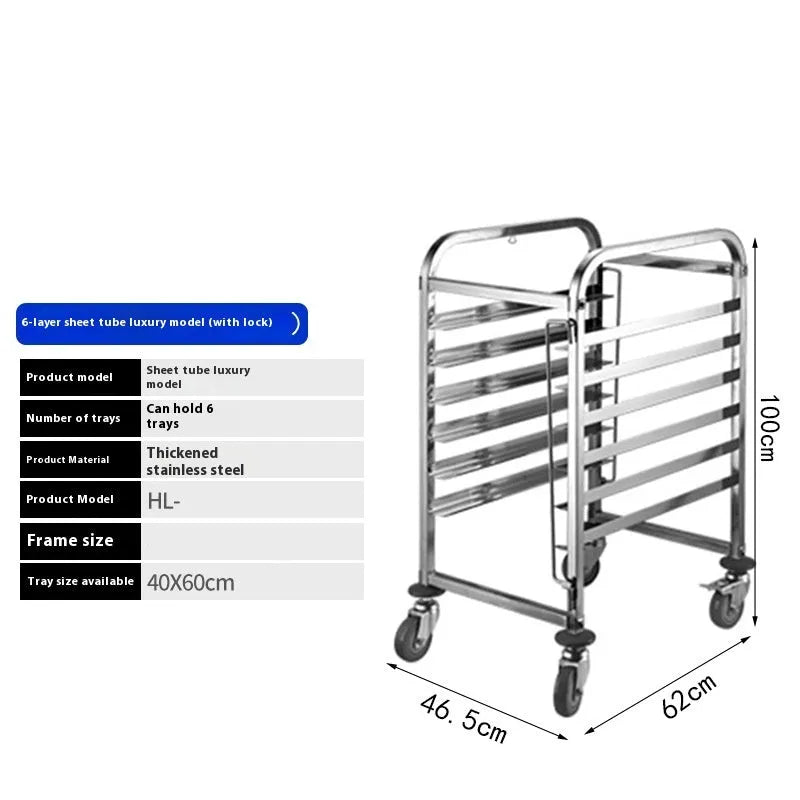 Stainless steel commercial baking tray rack with six layers and a locking mechanism