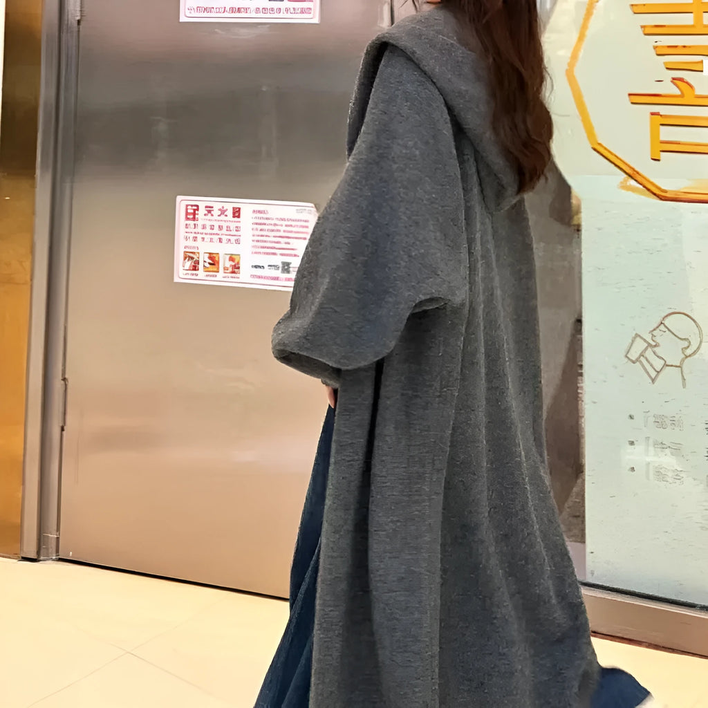 Long grey hooded knitted cardigan for women in casual Korean style