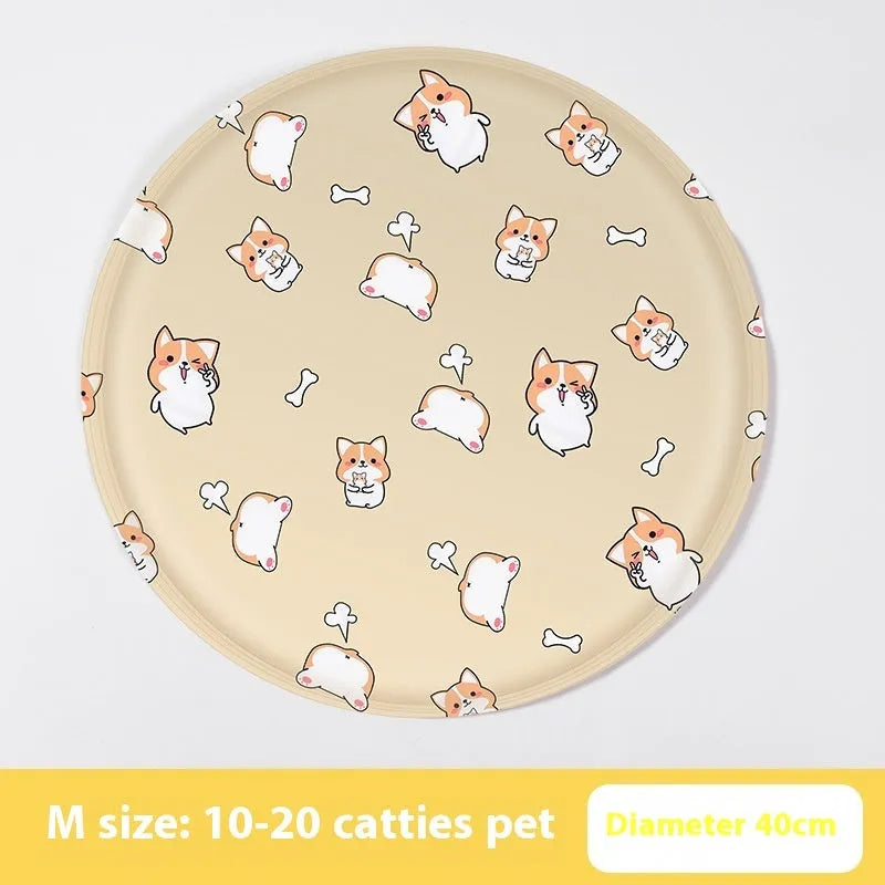 Round pet cooling mat with cartoon dog design, gel-filled for summer heat relief.