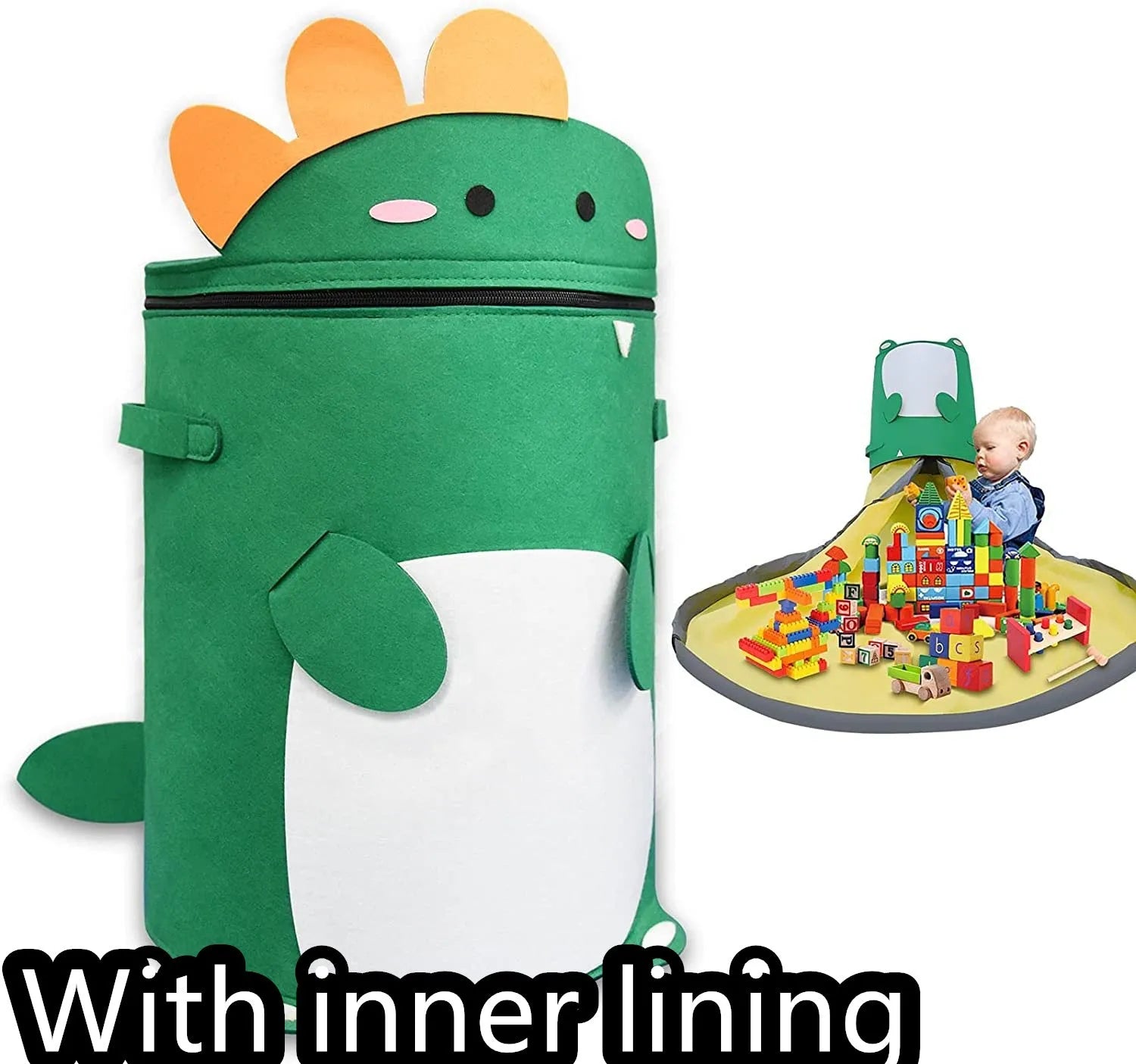 Green cube-shaped felt storage bag with a pull rope, shown as a toy organiser and play mat.