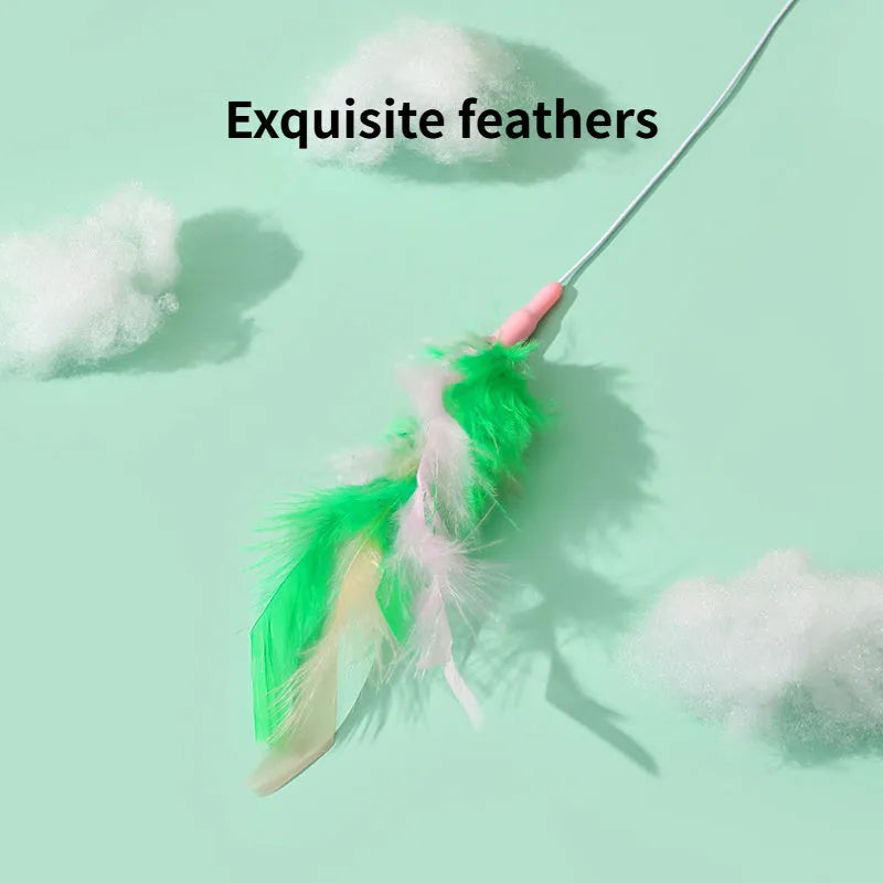 Green cat feather wand toy with bells and feathers on a durable wand with comfortable grip handle