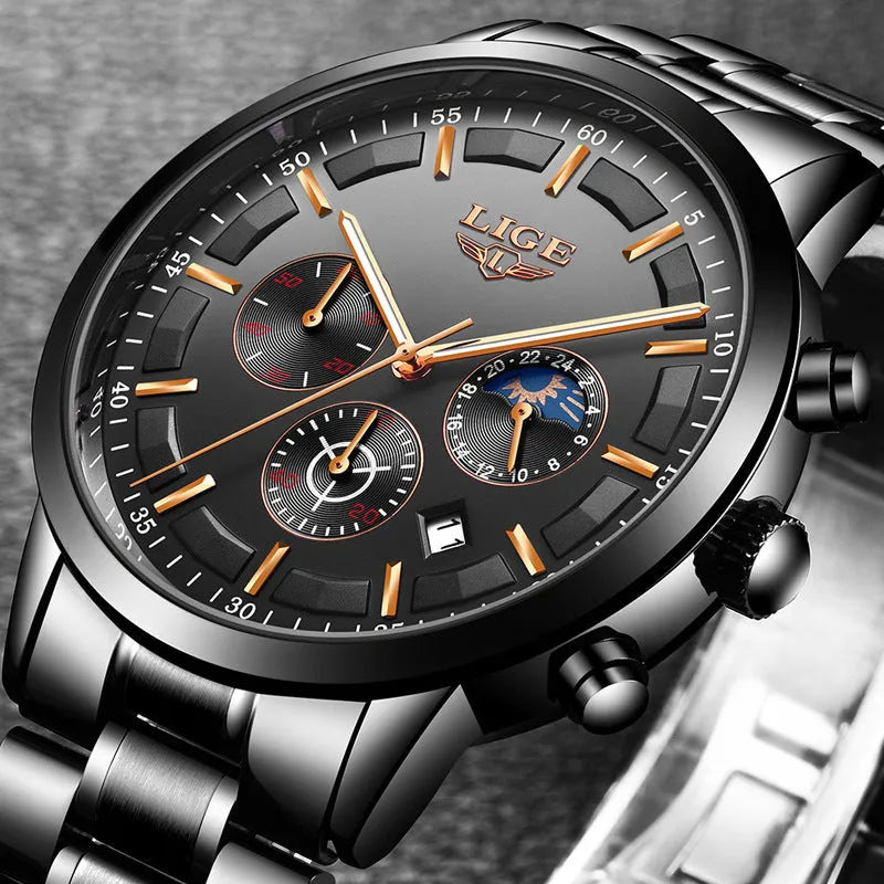 Men's black and rose red gold sports quartz watch with moon phase display on wrist.