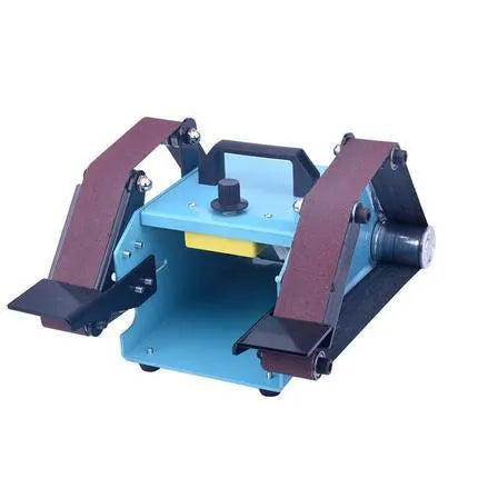 Blue desktop dual-axis belt sander with 750W power and 40 x 680 mm abrasive belt for workshop sharpening