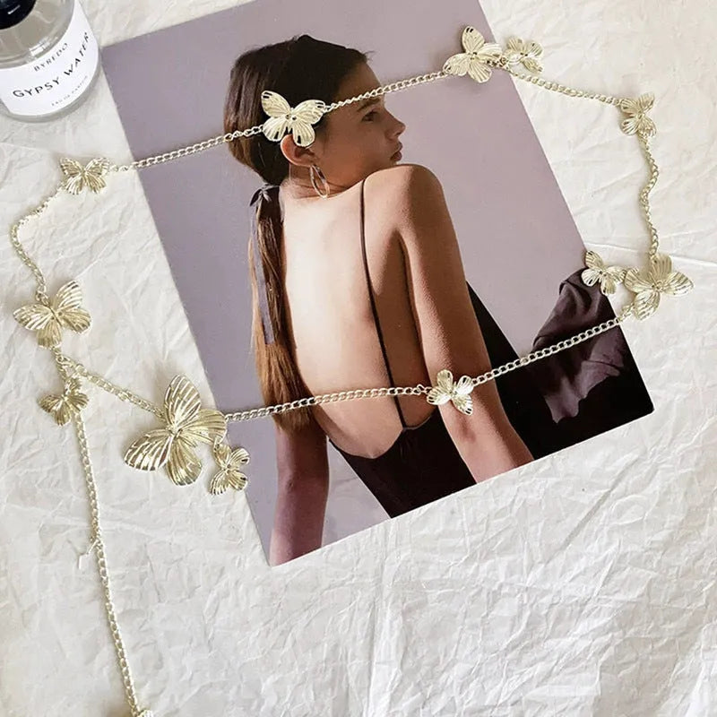 Women's golden butterfly waist chain belt with alloy construction and retro design