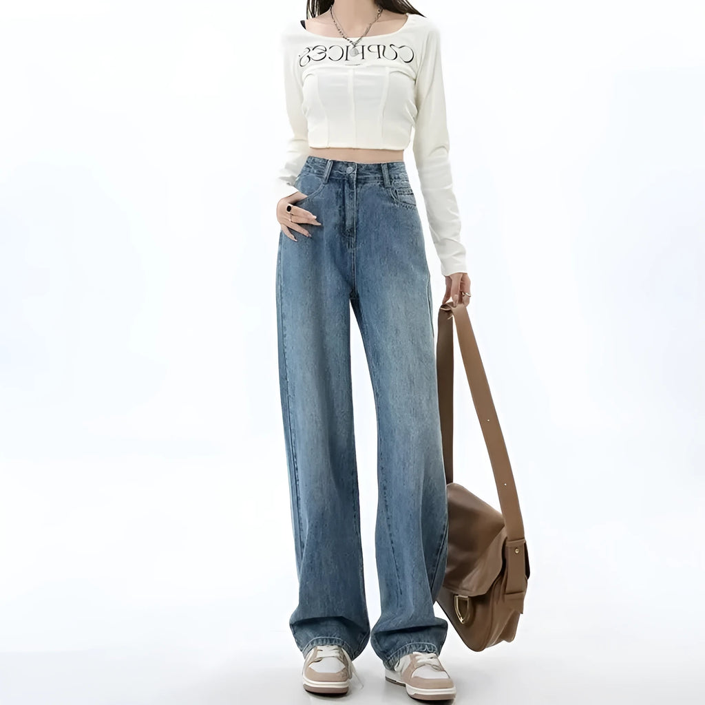Women's retro blue high waist wide leg jeans with straight leg design and spandex denim fabric