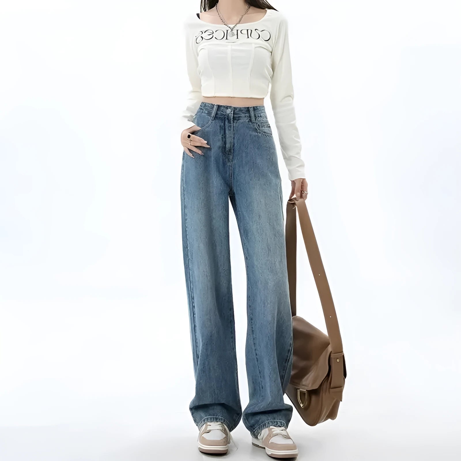 Women's retro blue high waist wide leg jeans with straight leg design and spandex denim fabric