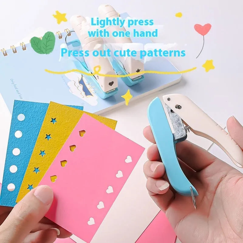 Manual handheld punching machine with dies for love, star, round 4mm, round 6mm, and a 4mm small embossed pattern.