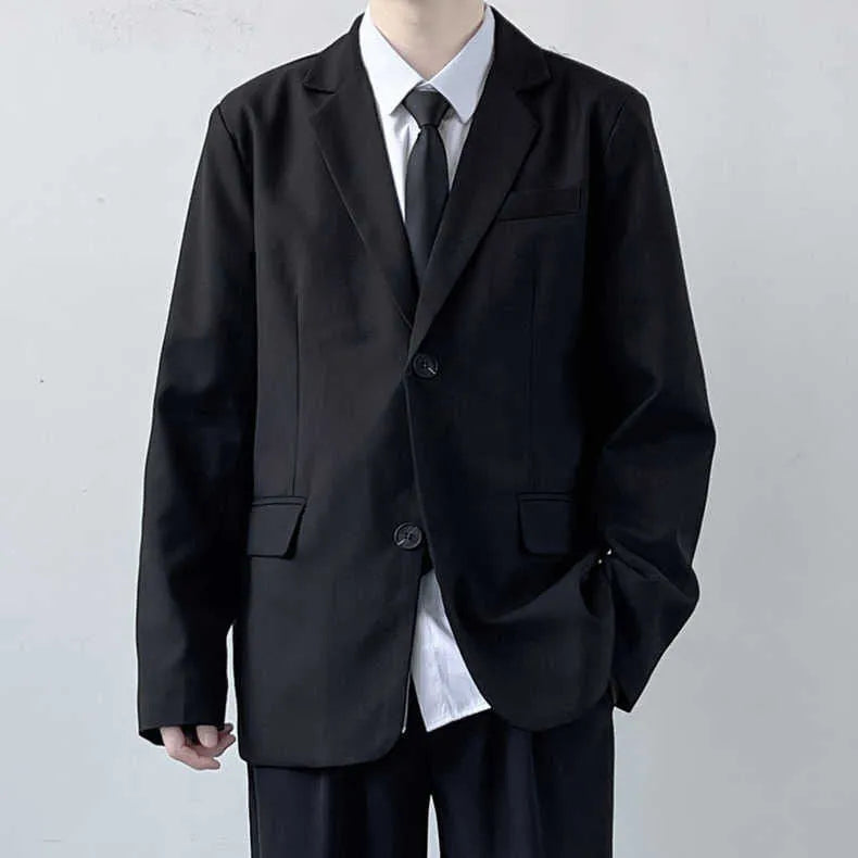 Plus size men's loose fit college style suit set with trousers, white shirt, and tie on a hanger.