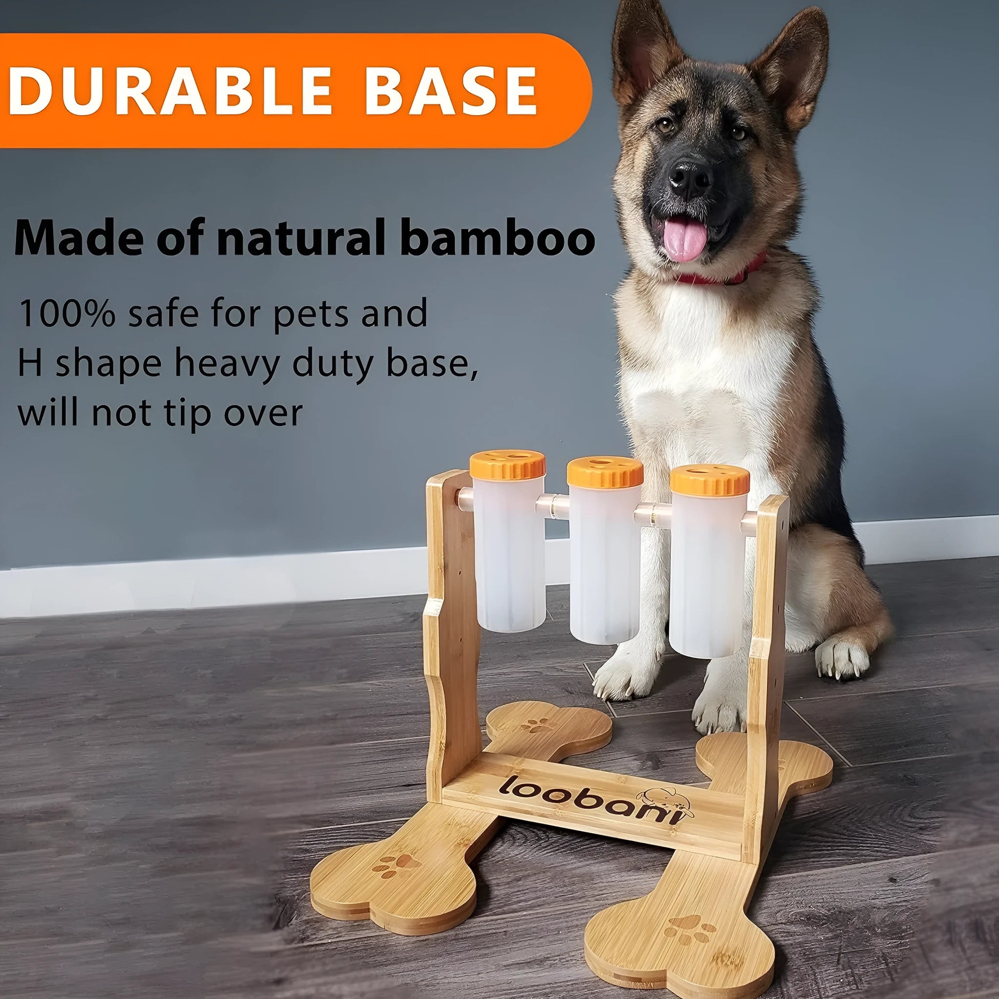 Wooden dog puzzle toy with sliding blocks showing treat compartments measuring 31x30x20cm