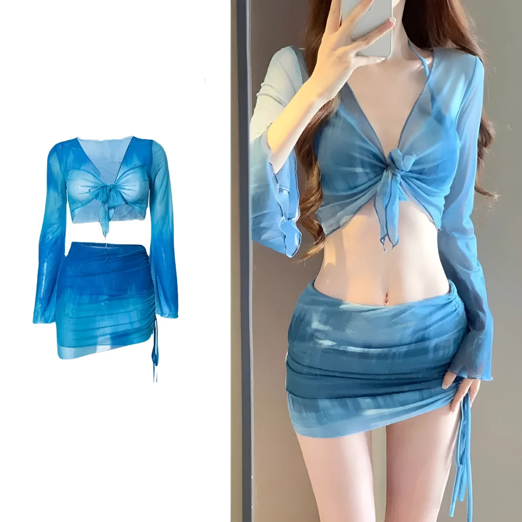 Blue women's high-waist bikini set with shirt, bra, underwear, and skirt on a mannequin.