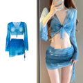 Blue women's high-waist bikini set with shirt, bra, underwear, and skirt on a mannequin.