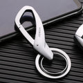 Zinc alloy double ring car key chain in black, chrome, or nickel colour, 8.3 x 3.5 cm
