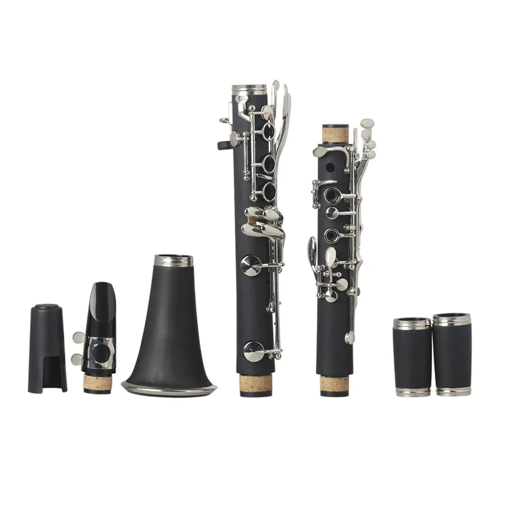 Black Bakelite clarinet with nickel keys and protective carry bag for beginner students
