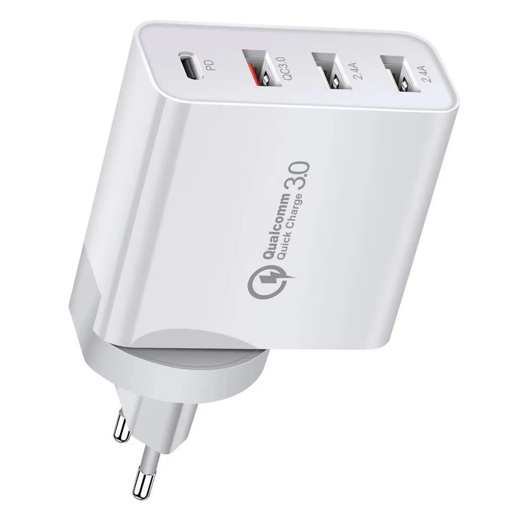 White multi-port USB fast wall charger with PD and QC support showing several device cables plugged in.