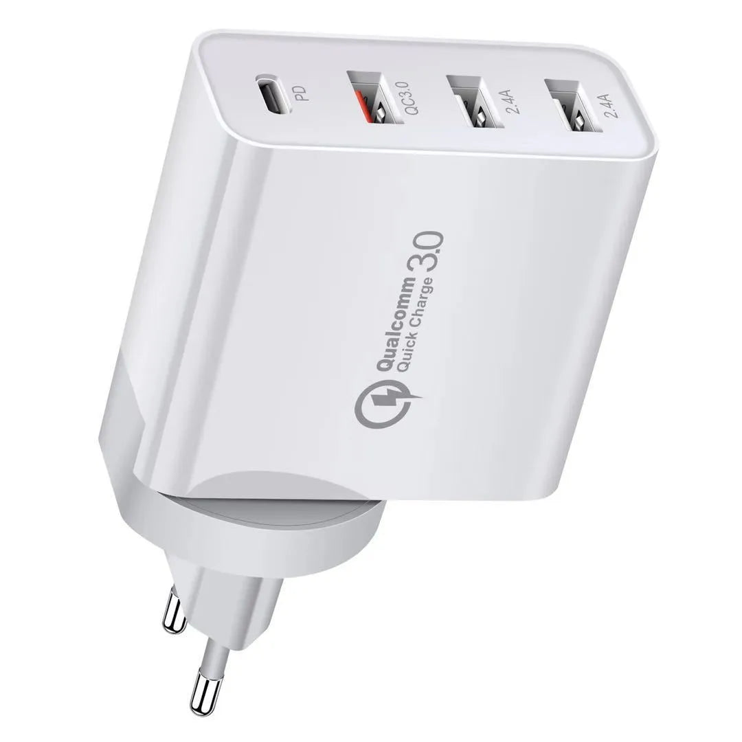 White multi-port USB fast wall charger with PD and QC support showing several device cables plugged in.