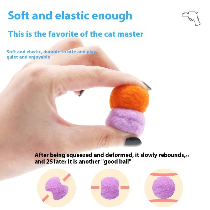 Pet toy set showing foam launch gun and assortment of soft plush balls for interactive fetch games