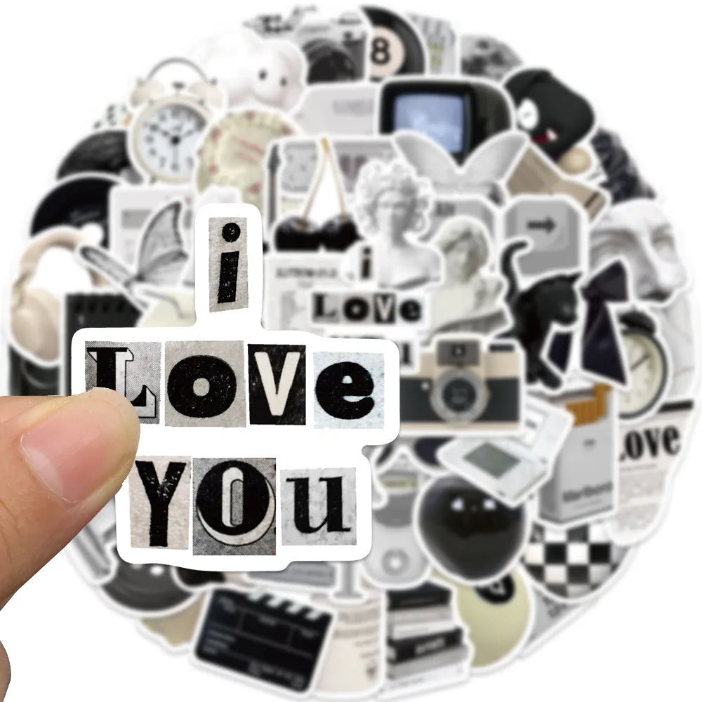 61-piece black and white PVC waterproof sticker pack for laptops, phones, luggage, and sports equipment decoration