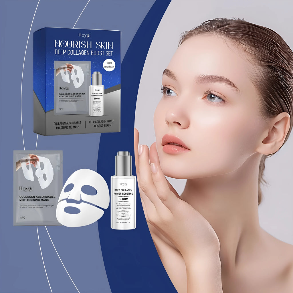Collagen moisturising sheet mask and 30ml serum essence bottle for facial skincare