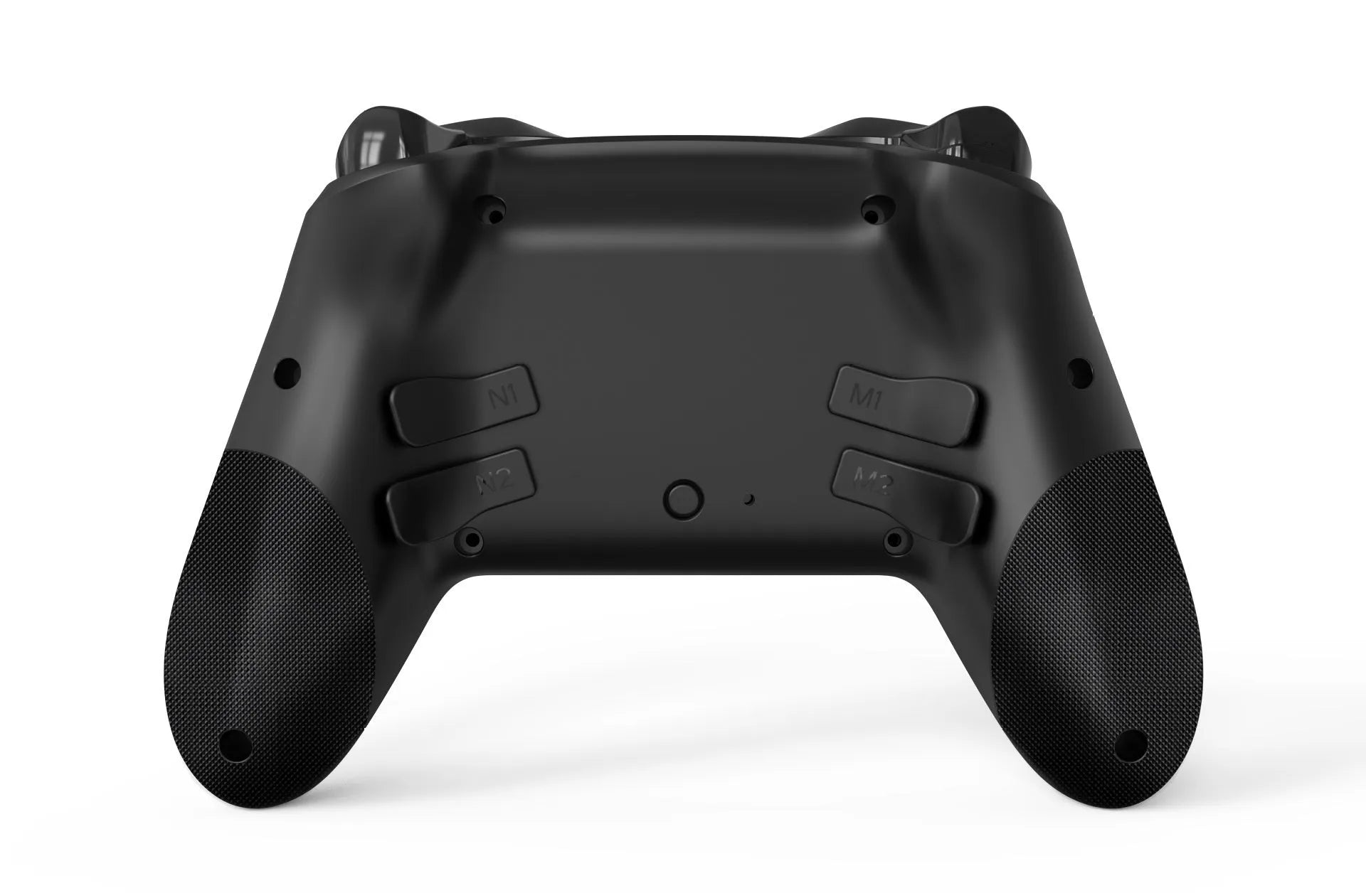 Black wireless Bluetooth gaming controller with leather-pattern texture on grips for Nintendo, PC and phone.