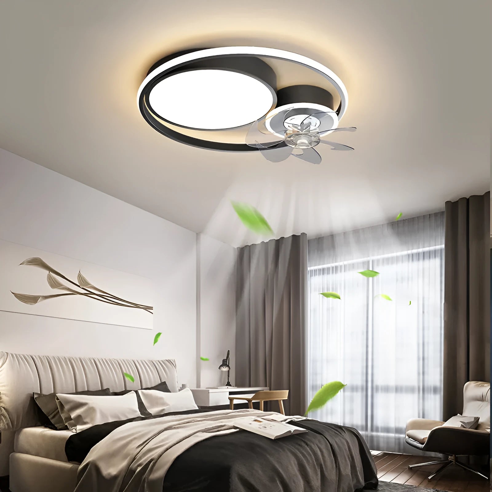 48cm ceiling fan light with metal blades and acrylic shade in black or gold finish
