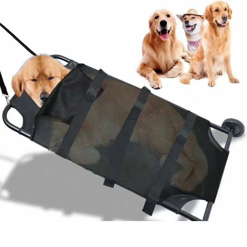 Large black aluminium alloy folding stretcher for emergency transport of dogs