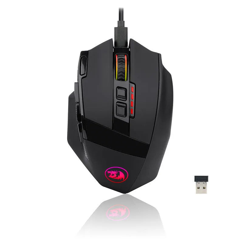 Black Redragon M801P wireless and wired dual-mode gaming mouse with multiple side buttons.