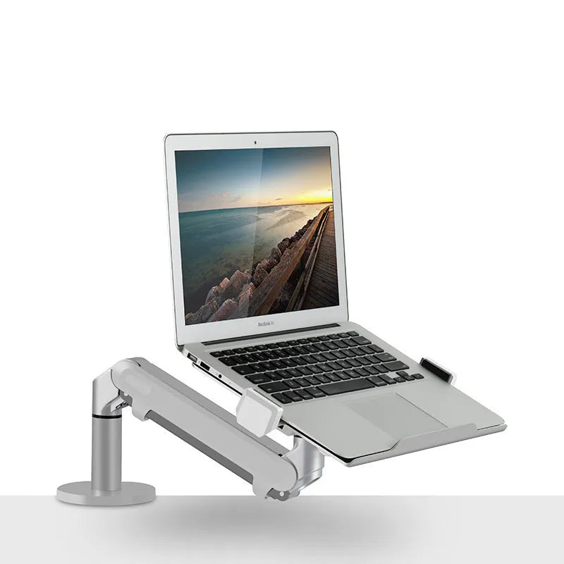 Aluminium laptop stand with adjustable air pressure arm bracket in silver colour