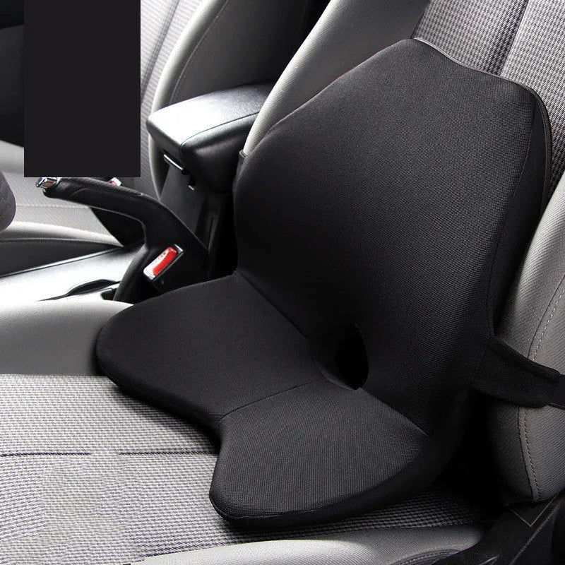 Memory foam car lumbar support cushion and a version with integrated headrest in beige colour.
