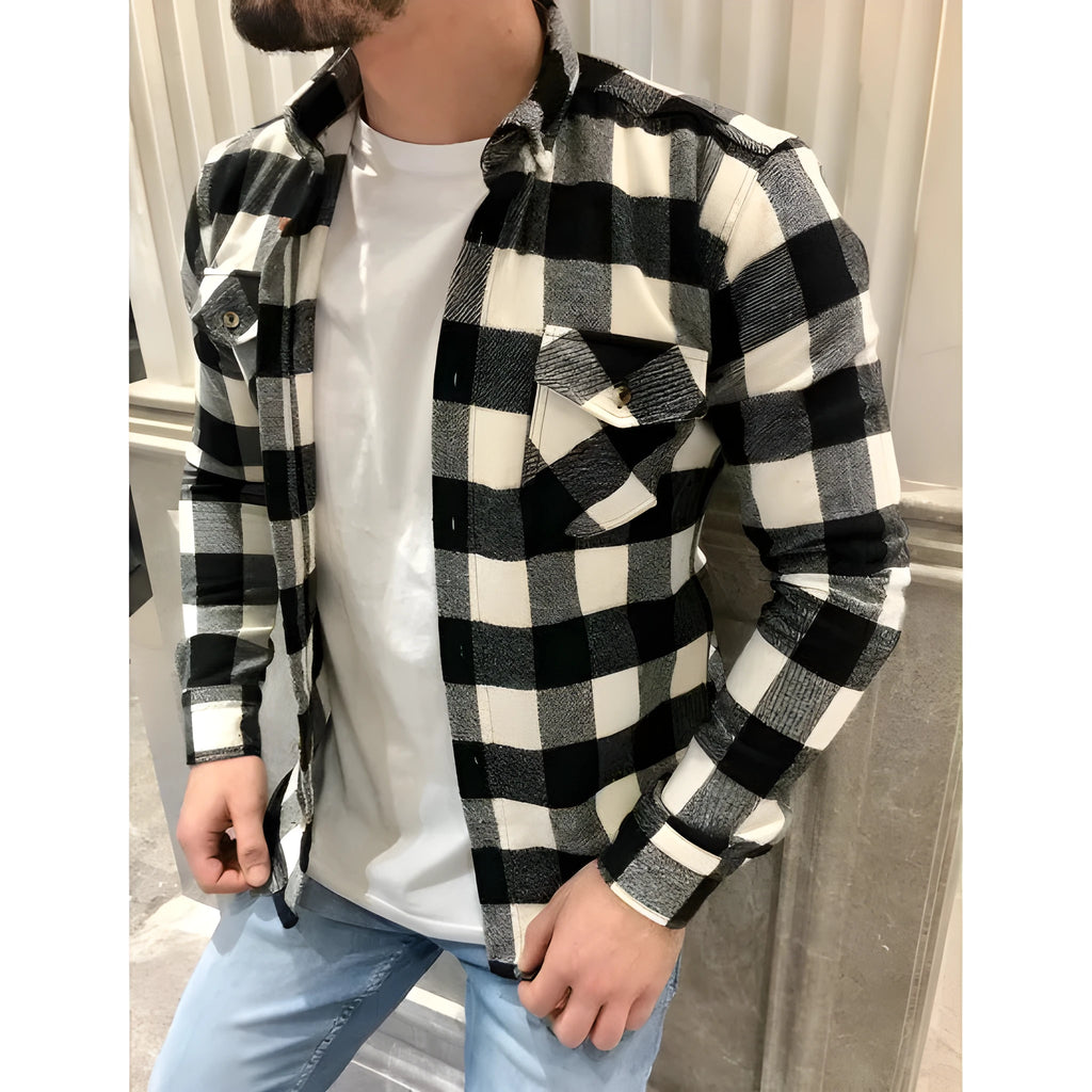 Men's black and white check long-sleeved shirt with lapel collar and double chest pockets